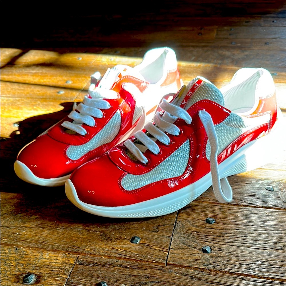 Prada Red and White Sneakers Athletic Design